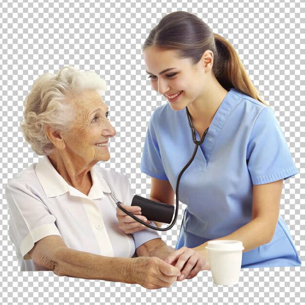 PSD young nurse measuring senior woman s blood pressure transparent background