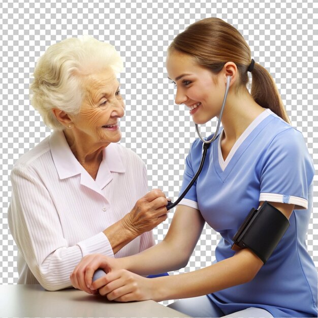 PSD young nurse measuring senior woman s blood pressure transparent background