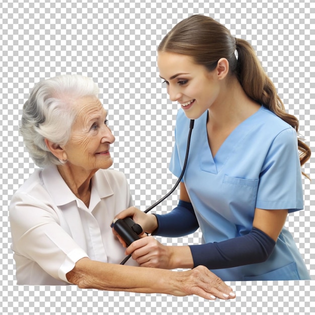 PSD young nurse measuring senior woman s blood pressure transparent background