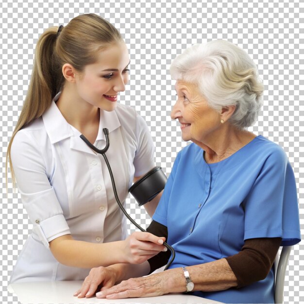 PSD young nurse measuring senior woman s blood pressure transparent background