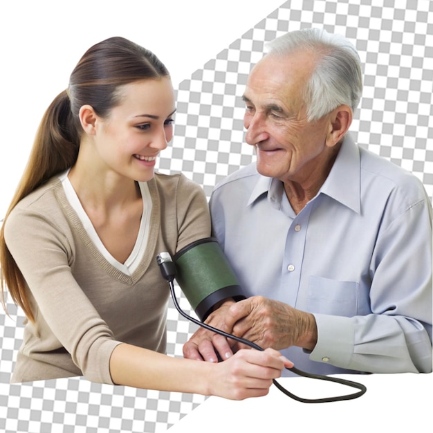 PSD young nurse measuring senior woman s blood pressure transparent background