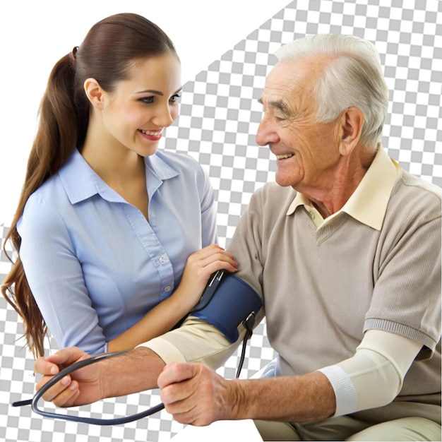 PSD young nurse measuring senior woman s blood pressure transparent background