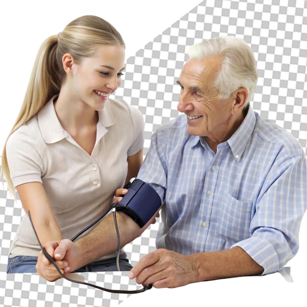 PSD young nurse measuring senior woman s blood pressure transparent background