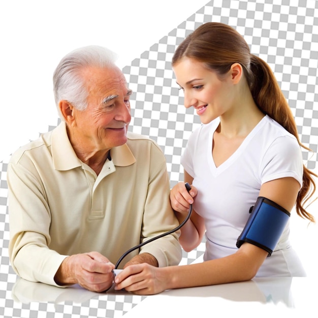 PSD young nurse measuring senior woman s blood pressure transparent background