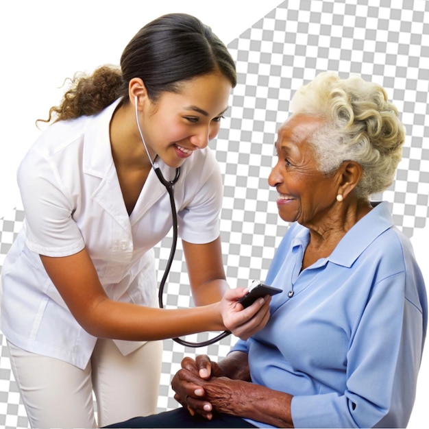 PSD young nurse measuring senior woman s blood pressure transparent background