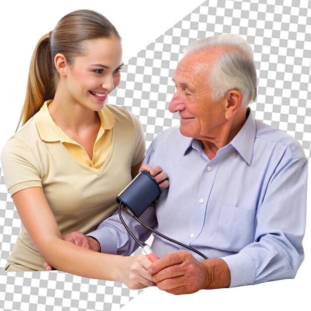 PSD young nurse measuring senior woman s blood pressure transparent background