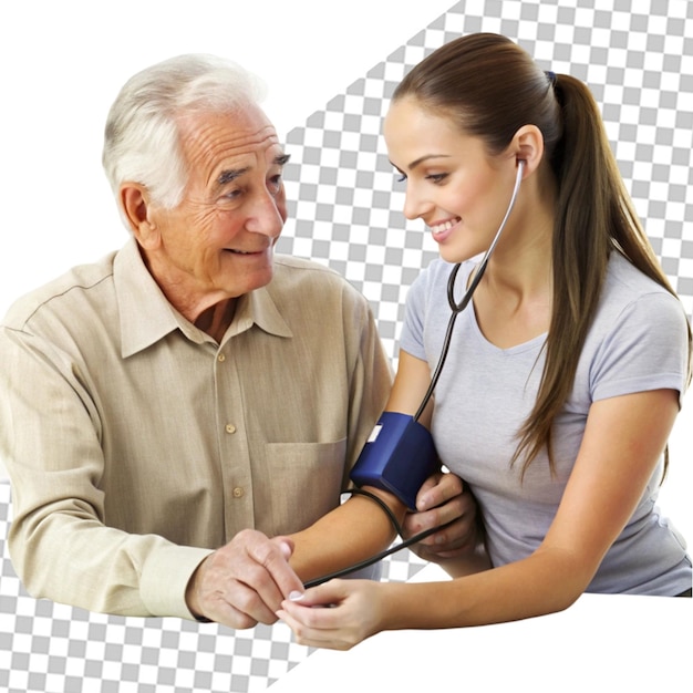 PSD young nurse measuring senior woman s blood pressure transparent background