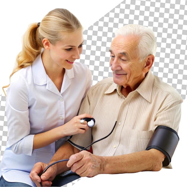 PSD young nurse measuring senior woman s blood pressure transparent background