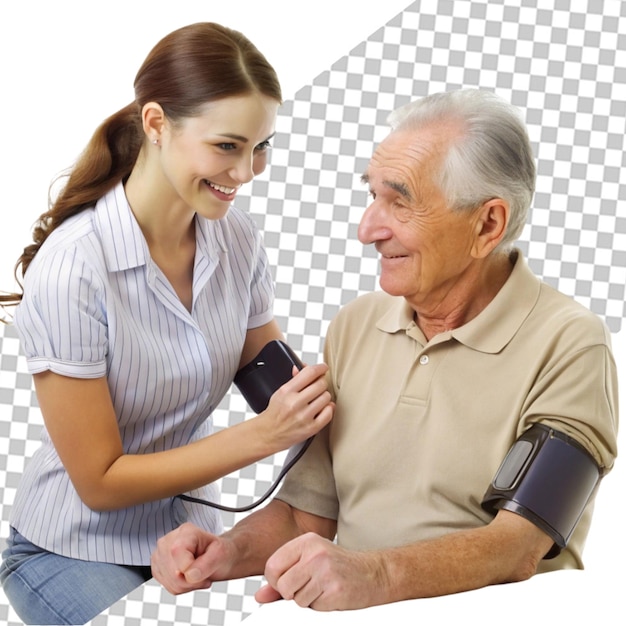 PSD young nurse measuring senior woman s blood pressure transparent background