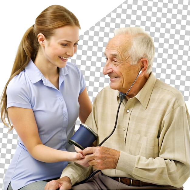 PSD young nurse measuring senior woman s blood pressure transparent background