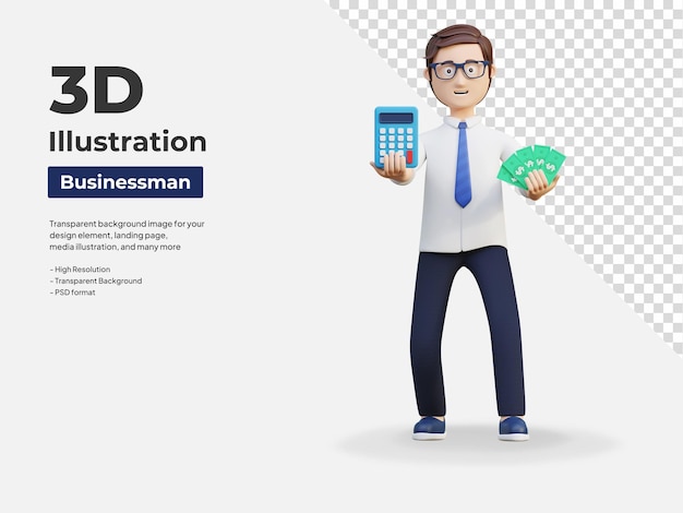 Young office worker holding money and calculator 3d character illustration