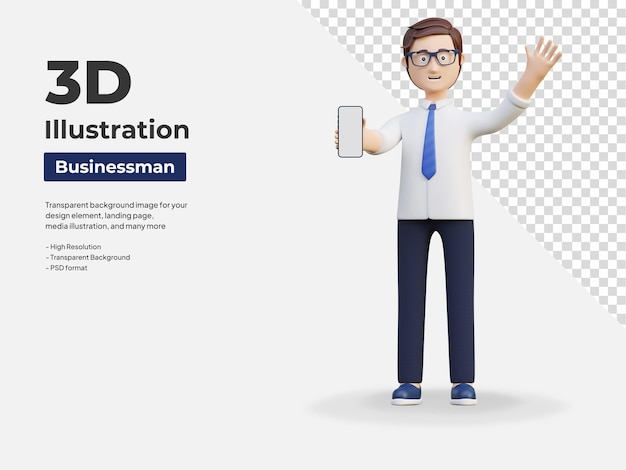 Young office worker holding smartphone showing blank screen3d character illustration