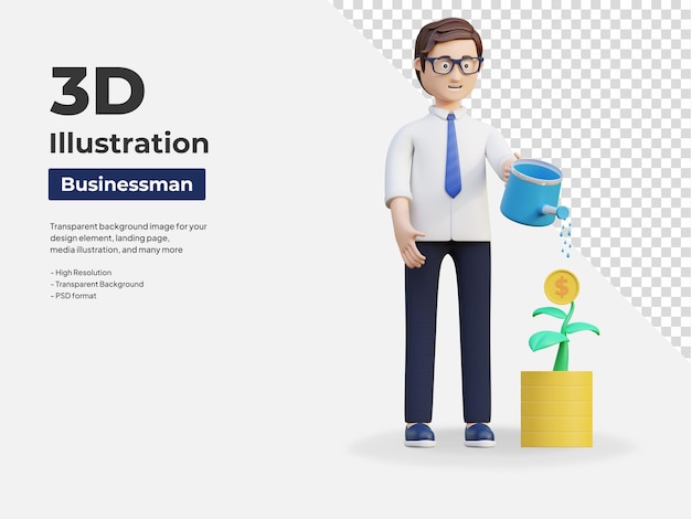 Young office worker watering plant money investment 3d character illustration