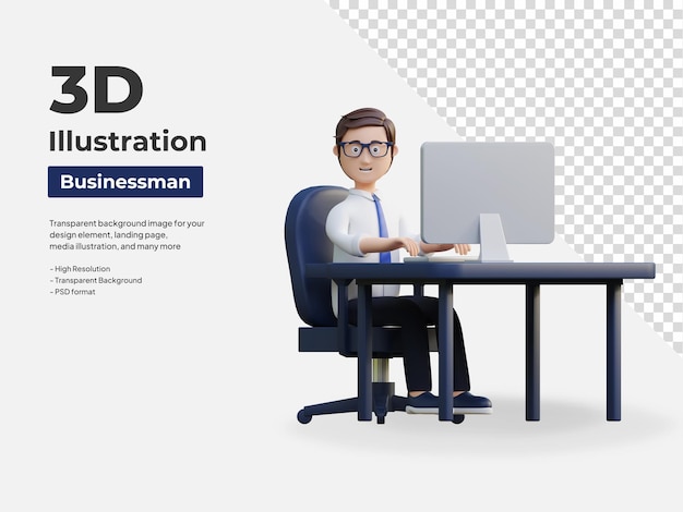 Young office worker working in front of computer 3d character illustration