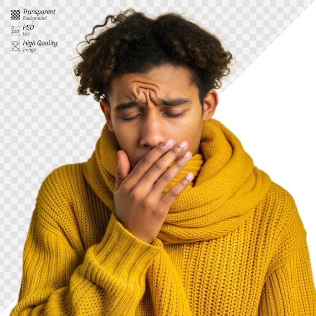 Young person feeling nauseous while covering mouth on transparent background