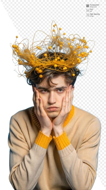 PSD young person feeling sad and contemplative with intricate headpiece displaying emotions on transparent background