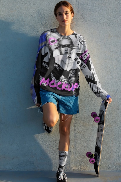 Young person with cool clothing holding skateboard outside