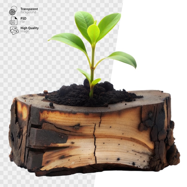 Young Plant Sprouting From a Cut Tree Log Against a Transparent Background