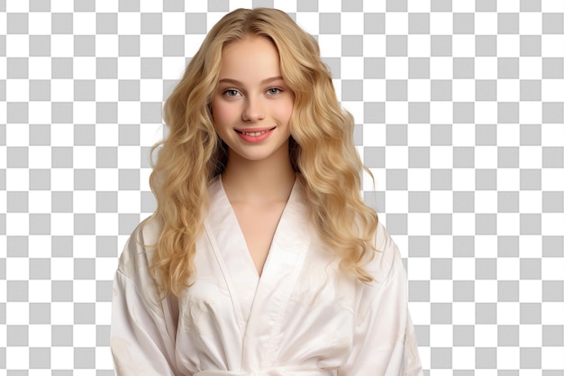 Young pretty blonde girl on isolated chroma key background in a bathrobe