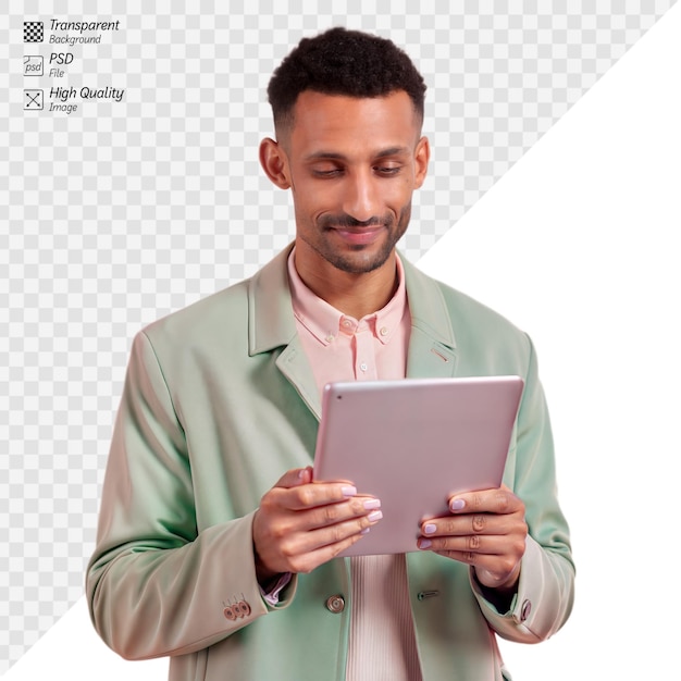 PSD young professional using a tablet on transparent background