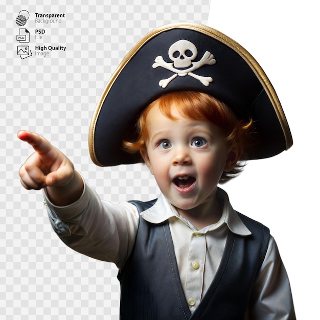 PSD young redhead pirate boy points to the horizon with a surprised expression