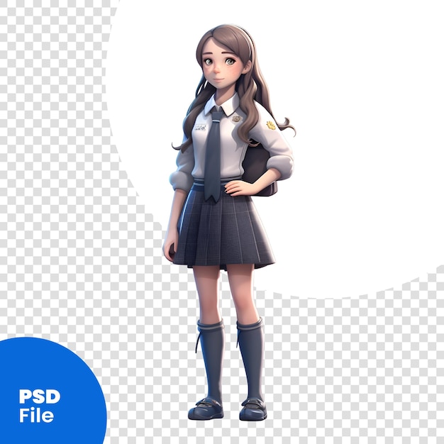 Young school girl isolated on white background Cartoon character in school uniform PSD template