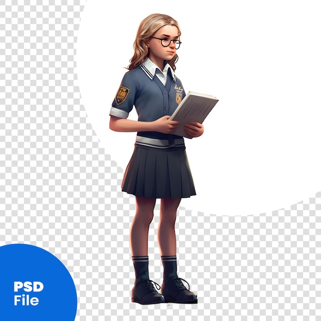 Young schoolgirl in uniform and glasses with book isolated on white background PSD template