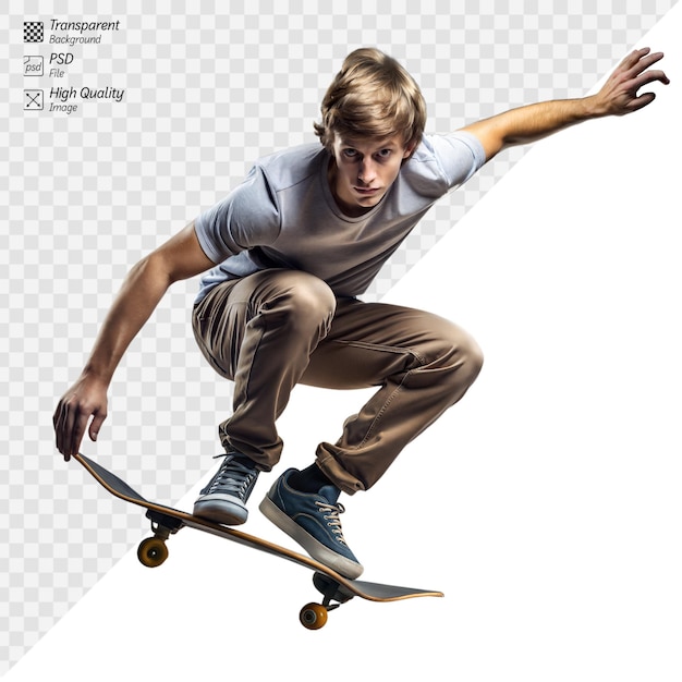 Young skateboarder performing a trick on a transparent background