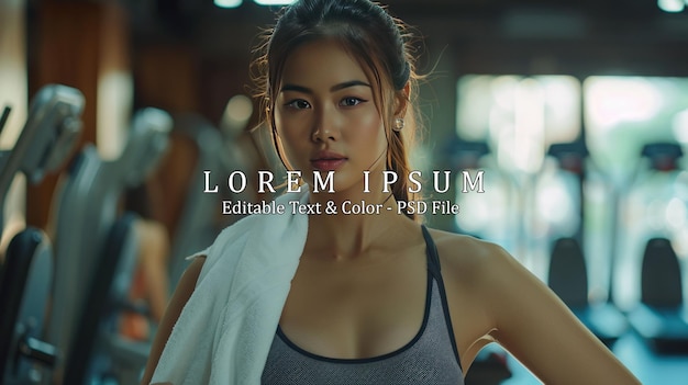 Young slim fitness Asian woman standing with a towel look at camera near handsome trainer while showing her schedule in the gym