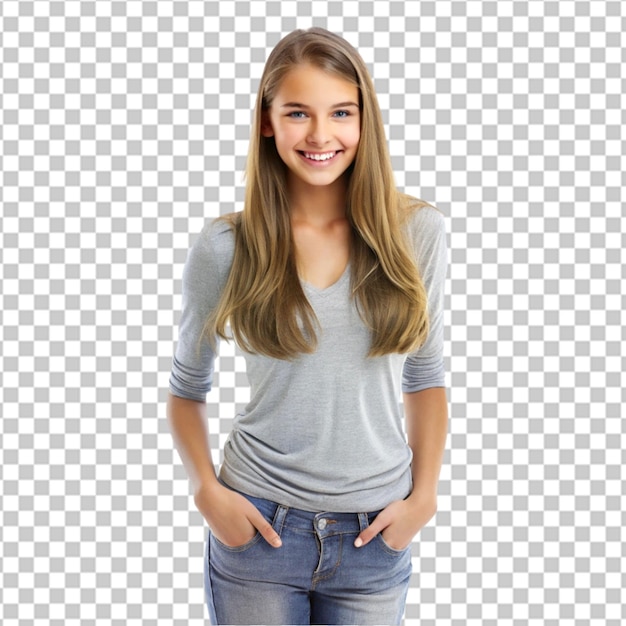 Young slim happy woman looks in camera posing fash