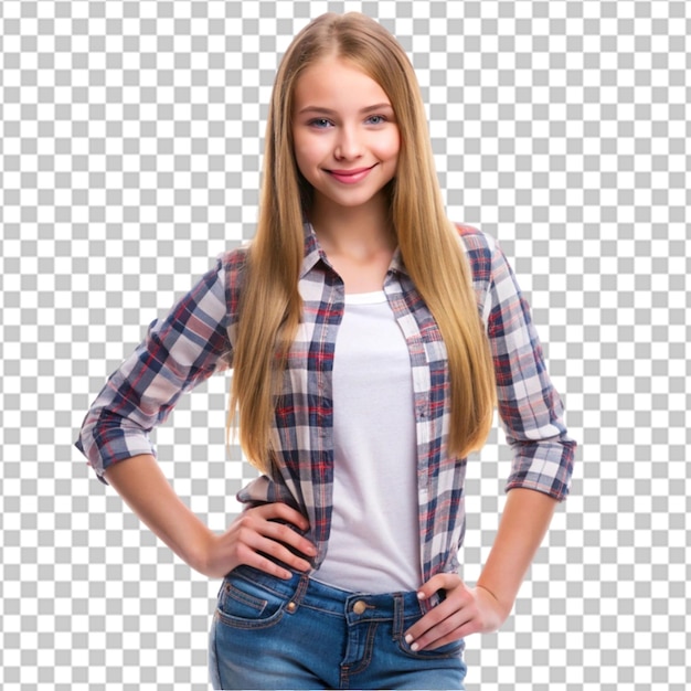 Young slim happy woman looks in camera posing fash