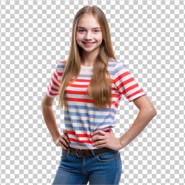 Young slim happy woman looks in camera posing fash