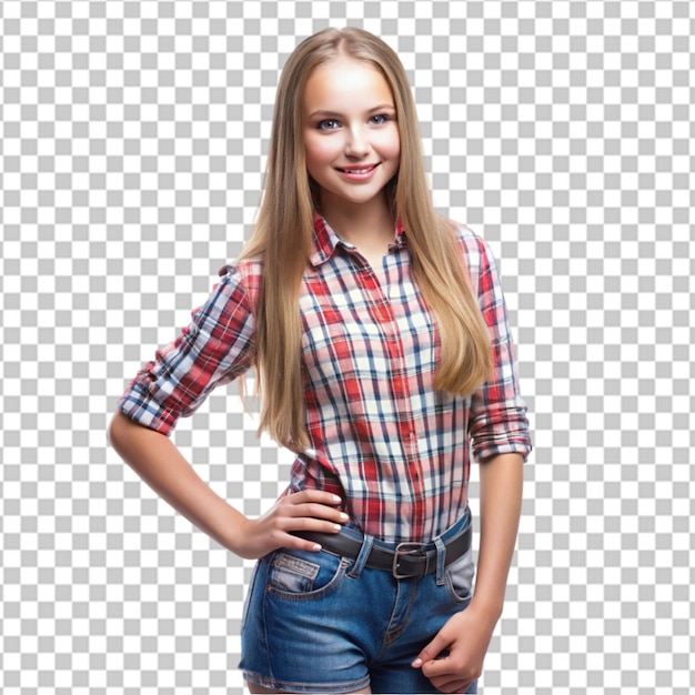 Young slim happy woman looks in camera posing fash