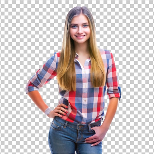 Young slim happy woman looks in camera posing fash