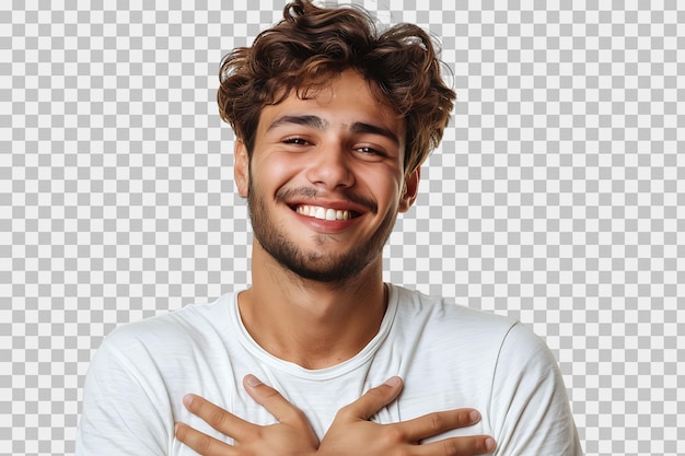 Young smile guy hands touch chest heart thankful grateful on isolated transparent background