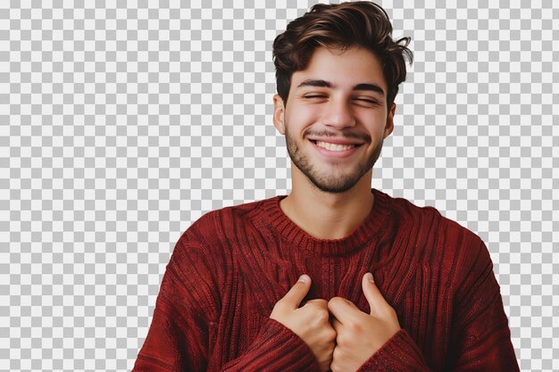 PSD young smile guy hands touch chest heart thankful grateful on isolated transparent background