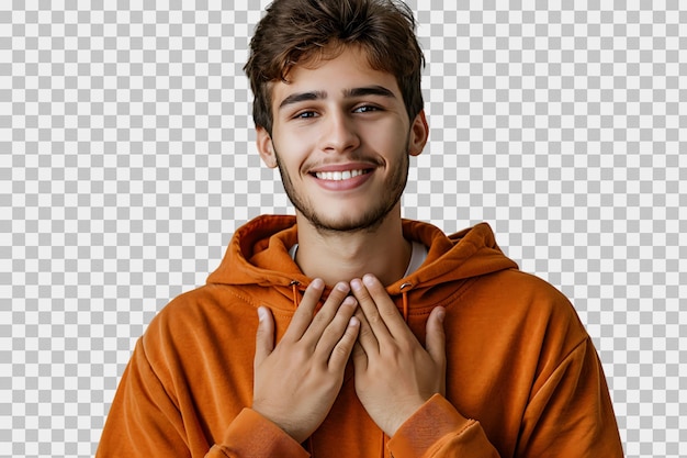 PSD young smile guy hands touch chest heart thankful grateful on isolated transparent background