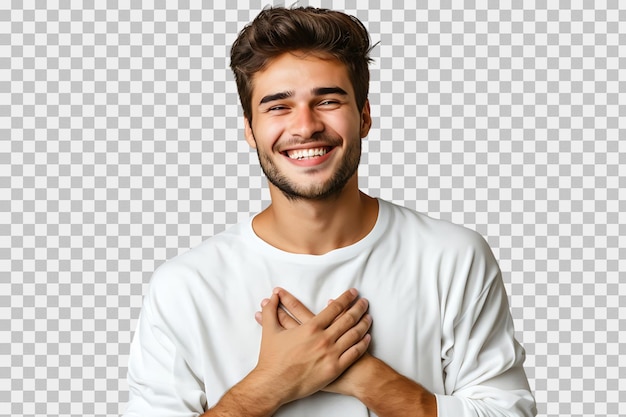 PSD young smile guy hands touch chest heart thankful grateful on isolated transparent background