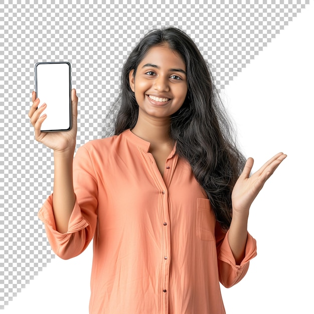 Young South Asian student girl with curly hair holding a mobile phone screen