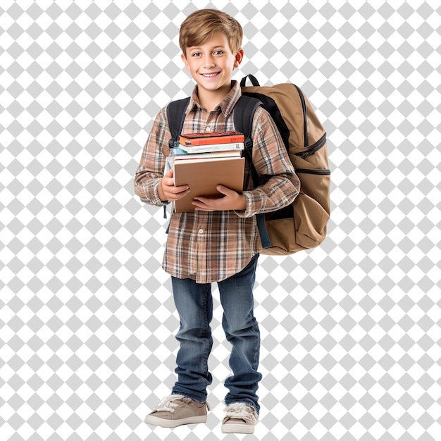 A young student boy with lots of books Isolated on transparent background PSD file format