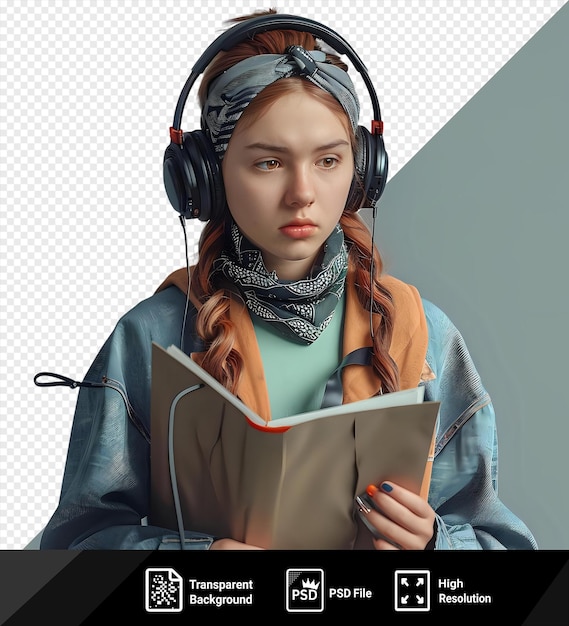 PSD young student joyfully multitasks with folder and headphones