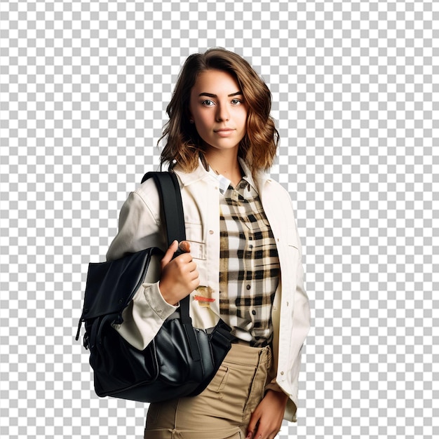 Young student woman holding notebooks pointing to the side to present