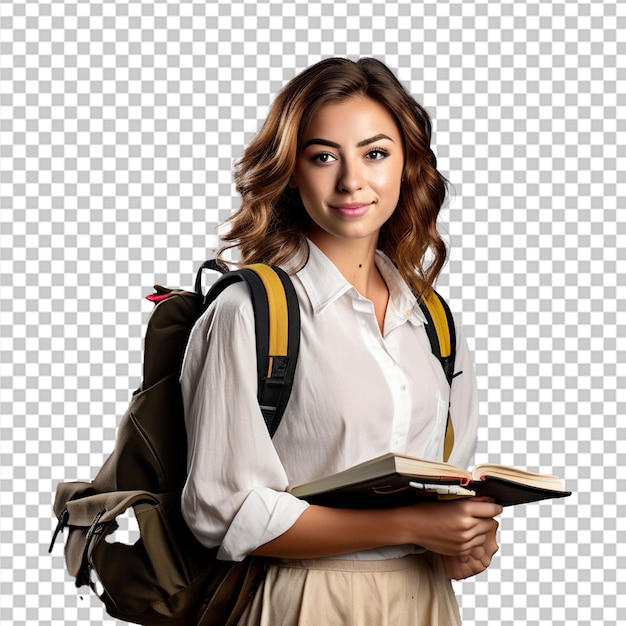 Young student woman holding notebooks pointing to the side to present