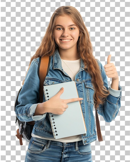 PSD young student woman holding notebooks thumb up gesture isolated on transparent background