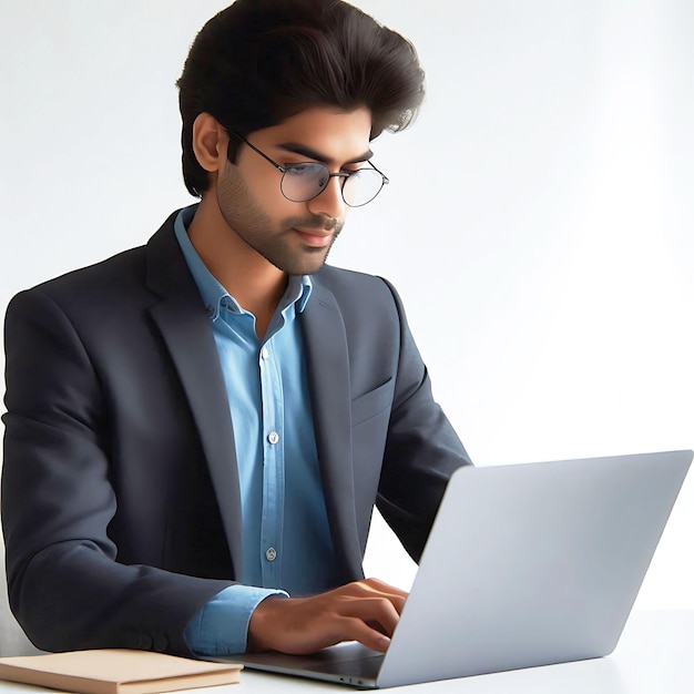 A young successful Businessman with laptop white background