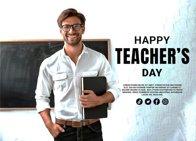 young teacher front of blackboard teachers day nice background