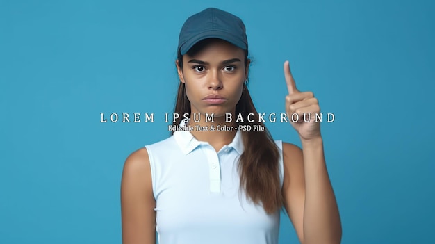 PSD young tennis player woman isolated on blue background pointing to the side to present