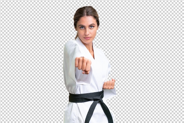 PSD young uruguayan woman over isolated background doing karate