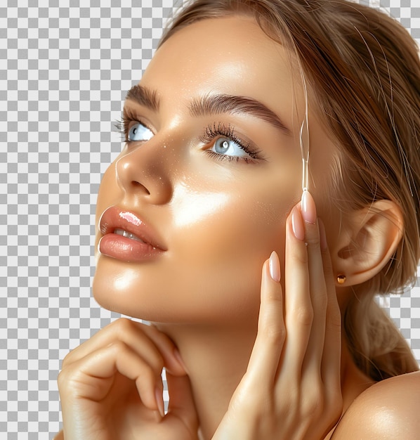 PSD young woman applying serum to her face looking away on isolated transparent background