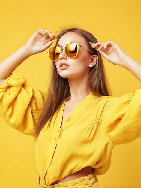 PSD young woman beautiful dance girl fashion yellow sunglasses